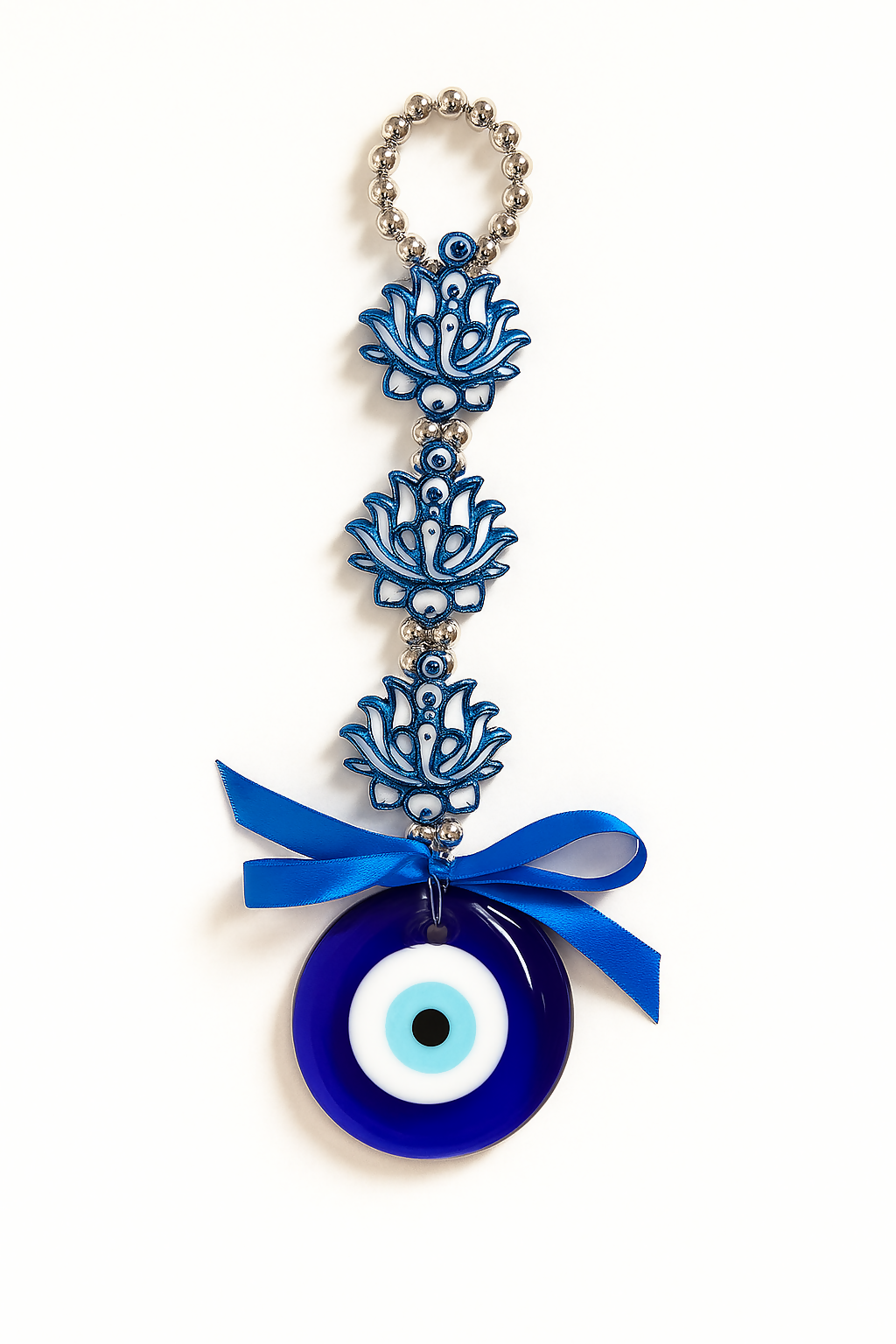 Decorative Evil Eye Hanging with Triple Blue Lotus Motif and Satin Ribbon – Nazar Battu for Home Protection, Spiritual Wall Décor, and Positive Vibes – Ideal for Gifting, Door, Office, or Car Use