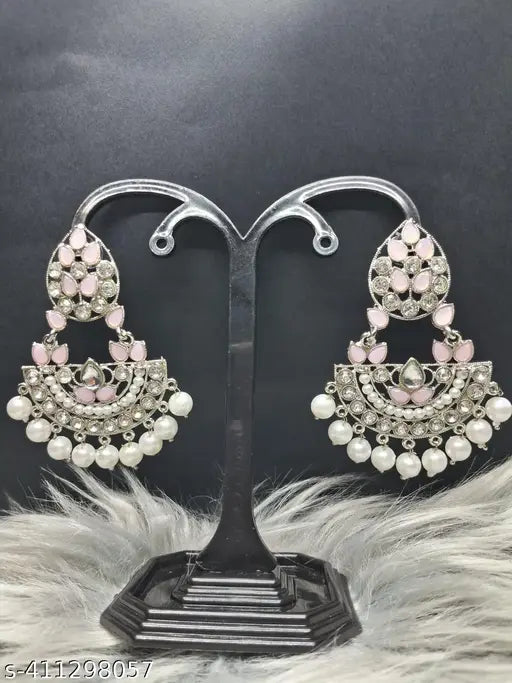 Silver Plated Traditional Handcrafted Pearl Kundan Beaded Chandbali Earrings for Women/Girls
