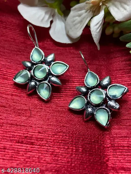Oxidised Silver Plated Brass Stone Work Pearl Hanging Earrings for Women's & Girls