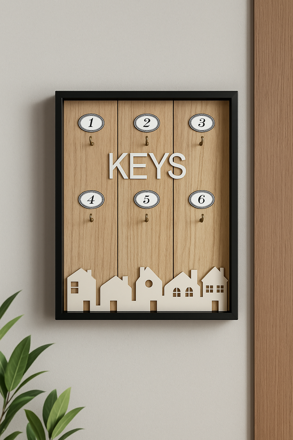 Wooden Key Holder Frame with 6 Numbered Hooks and House Silhouette Cutout – Rustic Home Decor Organizer for Entryway, Hallway, or Office – Modern Farmhouse Key Rack with Black Border Frame
