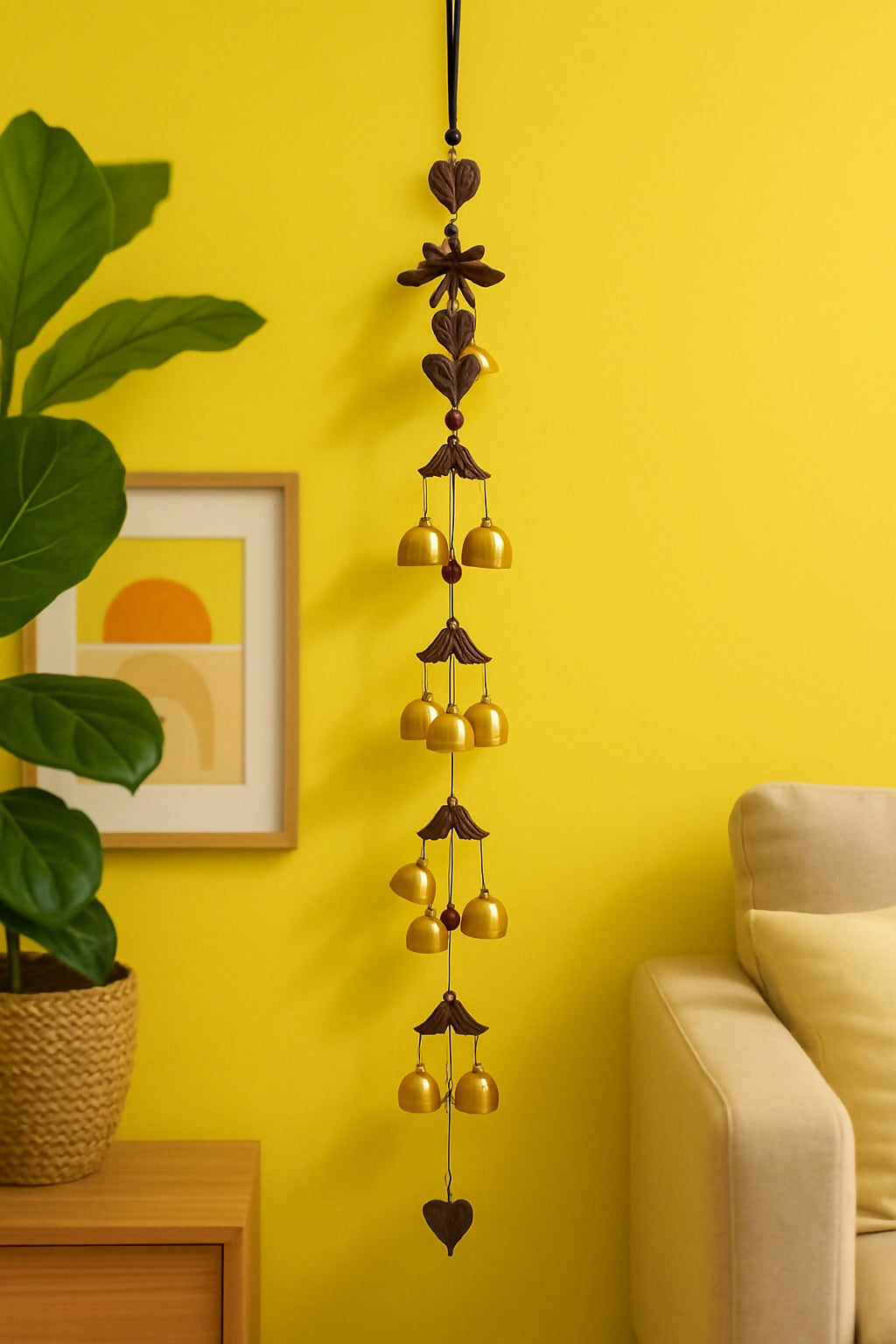 Handcrafted Brass Bell Wind Chime with Ethnic Leaf & Heart Motifs – Rustic Hanging Wind Bell for Home, Balcony, Garden, Door, Office & Spiritual Corners – 5 Tier Metal Chime for Positive Energy & Sound Therapy