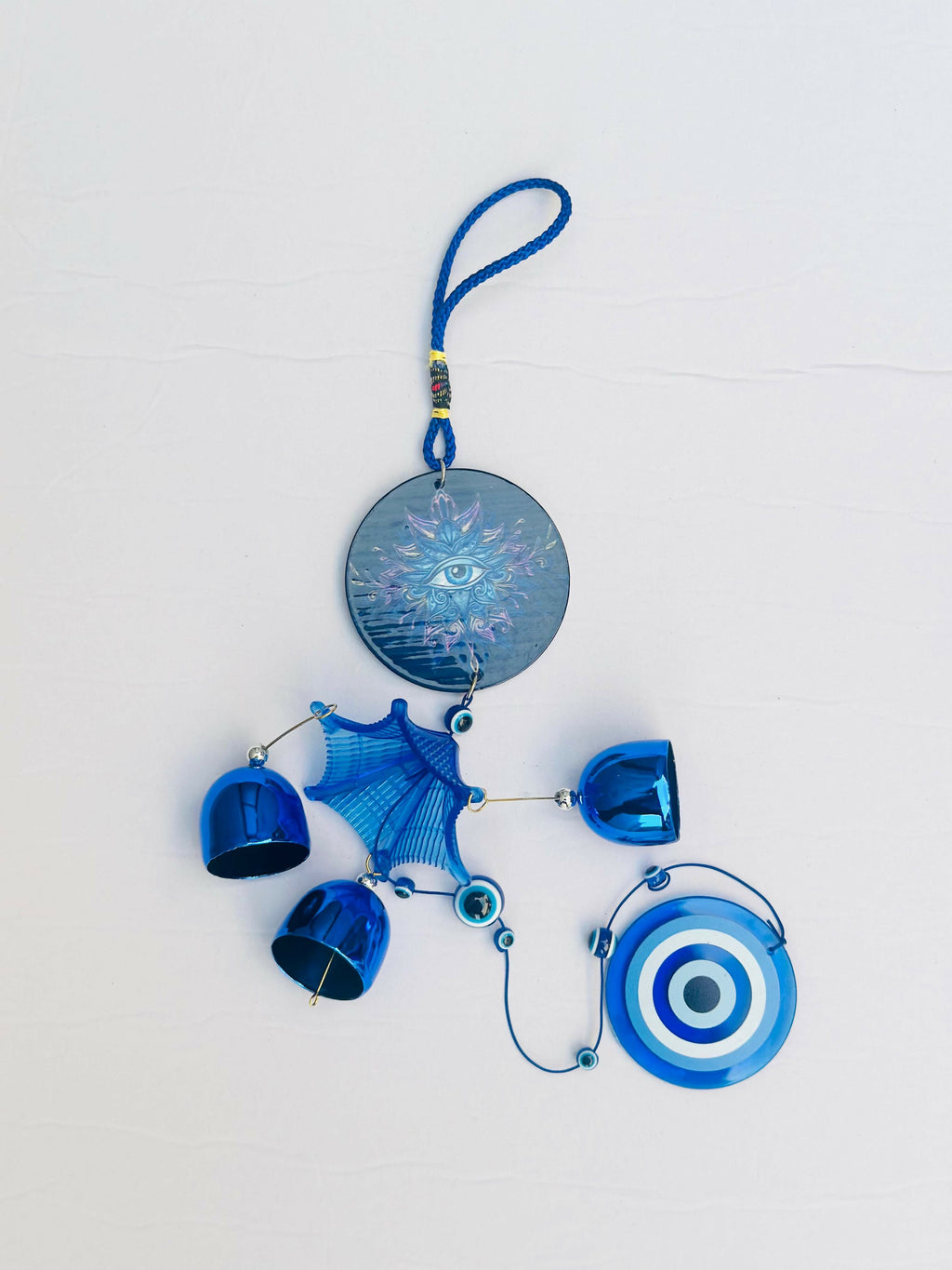 Mystical Evil Eye Wind Chime Hanging – Blue Metal Bells with Nazar Beads, All-Seeing Eye Disc & Tassel – Protective Boho Wall Decor for Home, Balcony, or Car Rearview Mirror