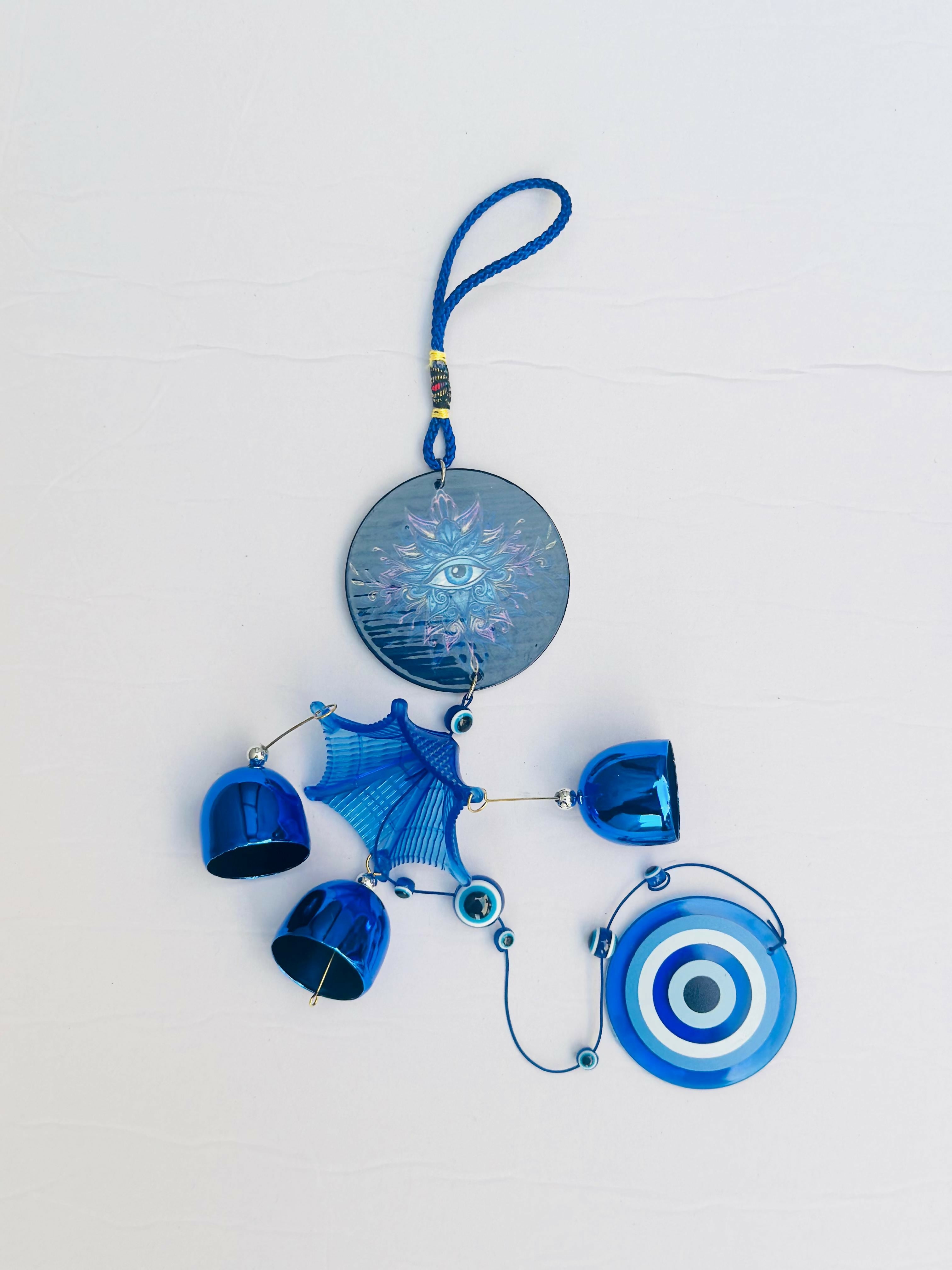 Mystical Evil Eye Wind Chime Hanging – Blue Metal Bells with Nazar Beads, All-Seeing Eye Disc & Tassel – Protective Boho Wall Decor for Home, Balcony, or Car Rearview Mirror