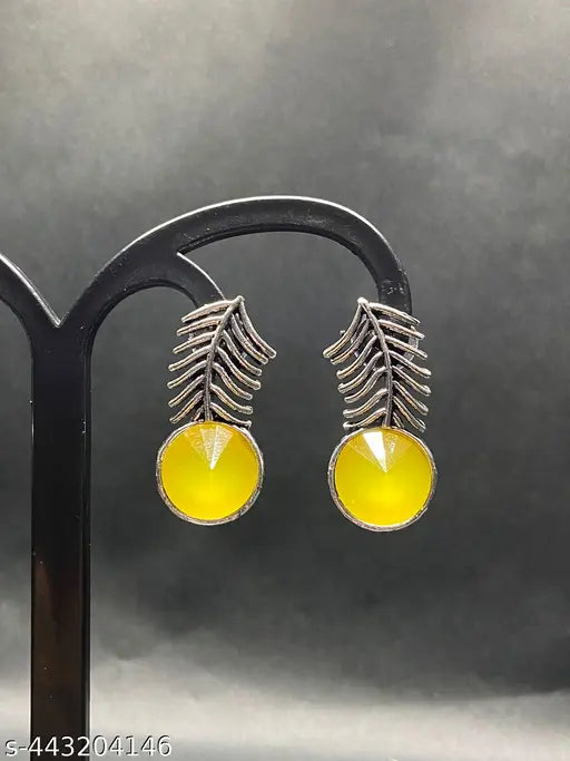 Oxidised Leafshaped Earrings With Different Coloured Stone