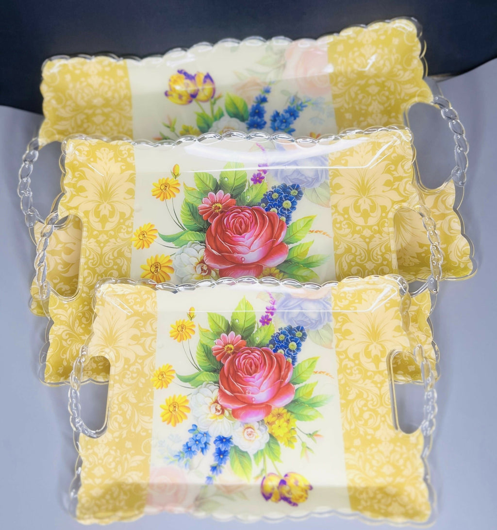 Elegant Floral Print Plastic Serving Tray Set – Pack of 3 (Golden Yellow with Multicolor Flowers)