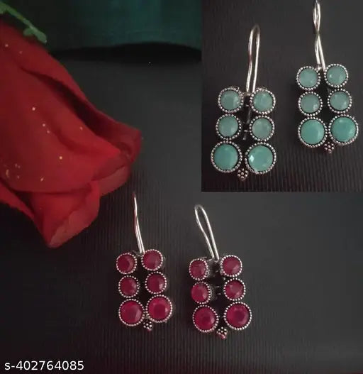 Gold Plated Alloy Monalisa Stones Earrings (Pack of 2 , Blue and Magenta)