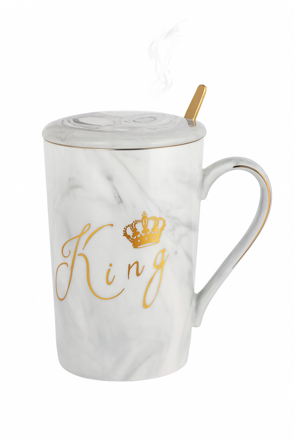 King & Queen Coffee Mug Set with Lids & Spoons | Marble Ceramic Cups for Couples | Luxury Gold Crown Print Tea & Coffee Mug Gift Set for Anniversary, Wedding, Valentine’s Day, Husband & Wife