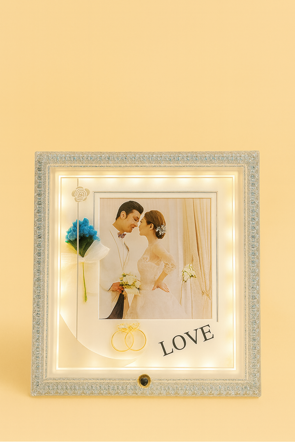 Crystal LED Wedding Photo Frame with Golden Rings & Preserved Blue Rose | Luxury Sparkling Diamond-Cut Border | Illuminated Love Frame for Couples | Anniversary, Engagement, Valentine’s & Romantic Gift