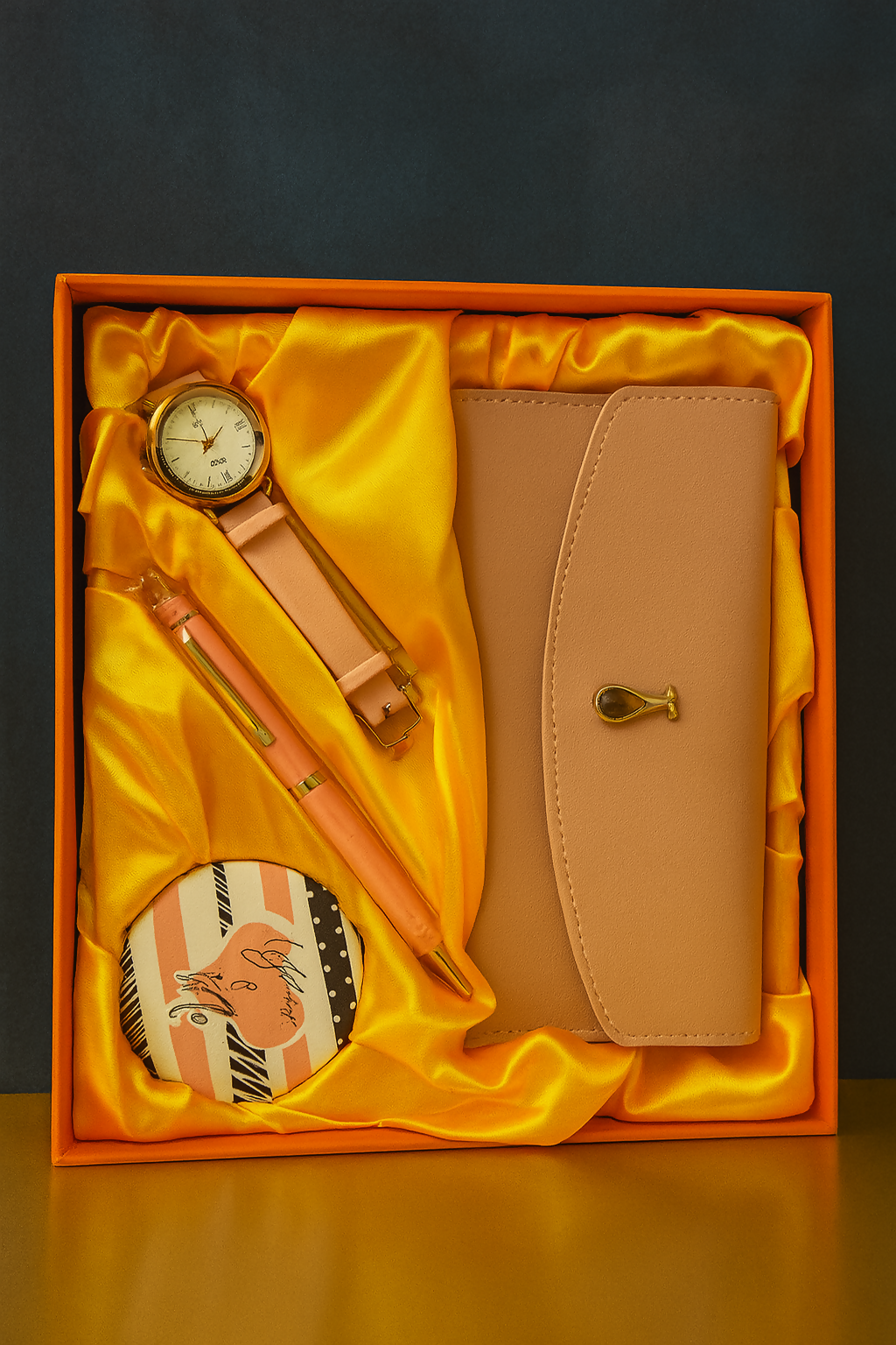 Elegant Women’s Gift Set with Light Pink Watch, Wallet, Pen, and Mirror – 4-in-1 Luxury Combo in Satin-Lined Orange Box – Ideal for Birthday, Anniversary, , and Festive Gifting