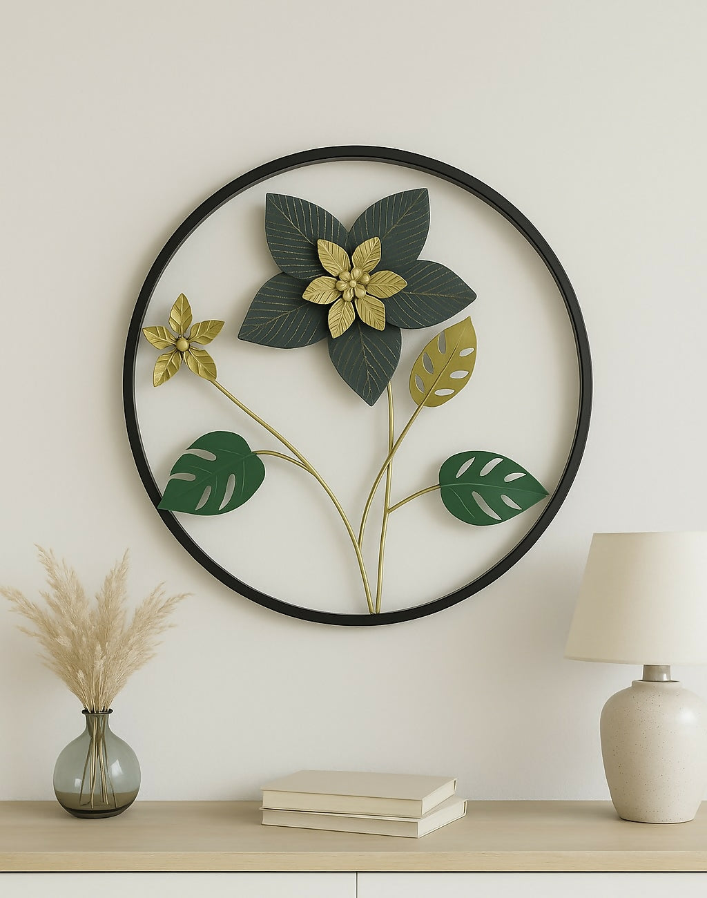 HOME DECOR Black Frame Wall Hanging with Green & Gold Flowers and Leaves