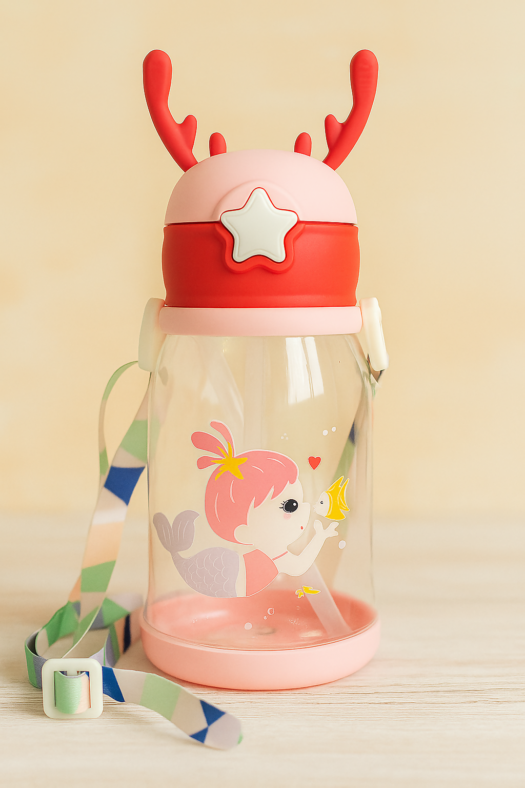 Cute Mermaid Water Bottle for Kids – BPA-Free with Strap & Antler Cap Cute Sipper Water Bottle with Straw Shoulder Strap Leakproof Deer Design Water Bottle for Students Best Birthday Return Gifts