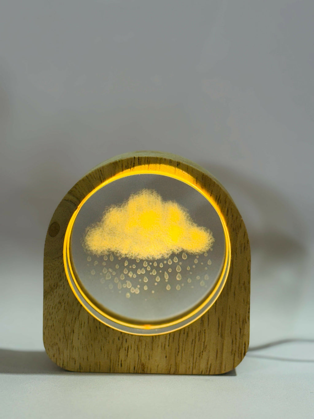 Rain Cloud Theme 3D Crystal Glass LED Night Lamp with Wooden Frame – USB Powered Table Light with Warm Yellow Glow | Nature-Inspired Mood Lamp for Bedroom, Kids Room, Study & Gift Decor