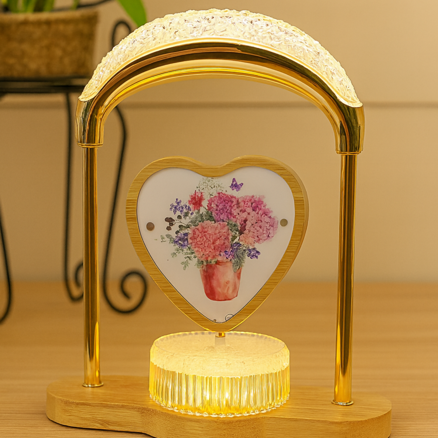 Golden Crystal LED Table Lamp with Rotating Photo Frame | Decorative Heart Shape Lamp with Flower Print & Wooden Base | Modern Home Decor Night Light for Bedroom, Living Room & Gifting