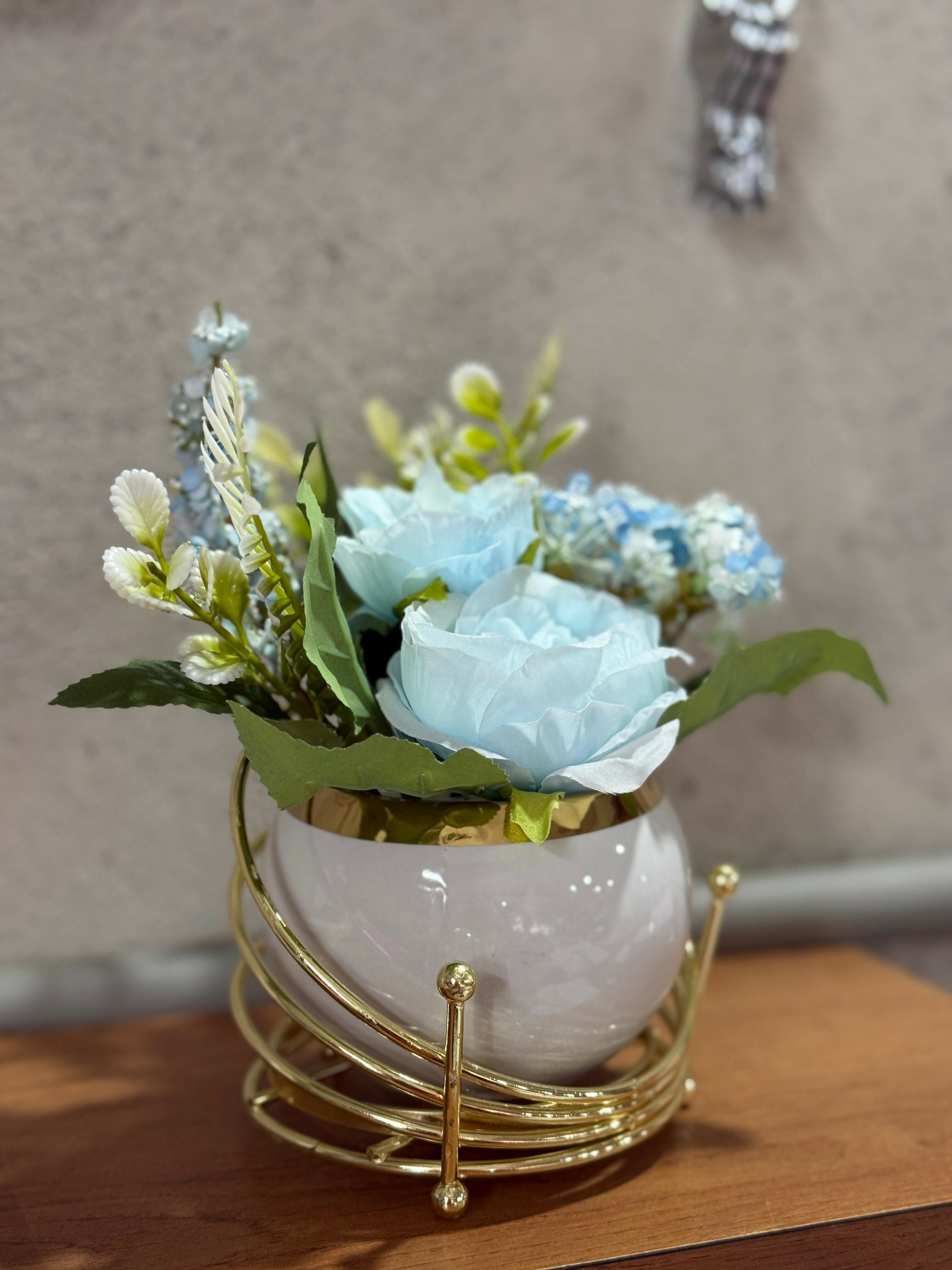 Luxury Artificial Blue Rose Flower Arrangement in White Globe Pot with Golden Metal Stand – Decorative Faux Floral Centerpiece for Home, Office, Tabletop & Gifting