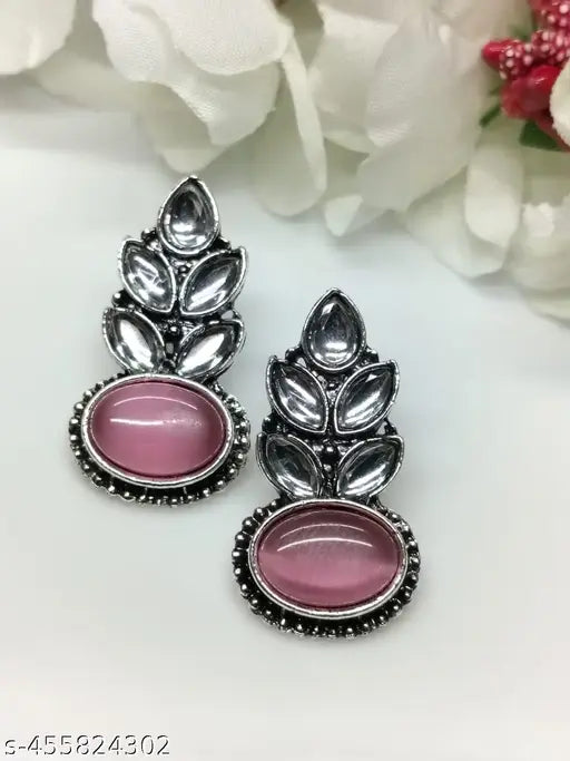 Leaf Shaped Earrings With Pink Stones and Artificial Diamonds