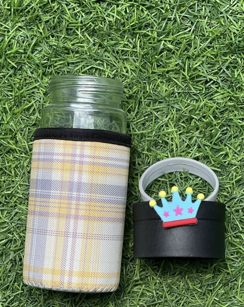 Glass Sipper Bottle with Cute Crown Cap and Stylish Soft Plaid Cover – Reusable, Eco-Safe Bottle for Daily Hydration at School, College, or Outdoors