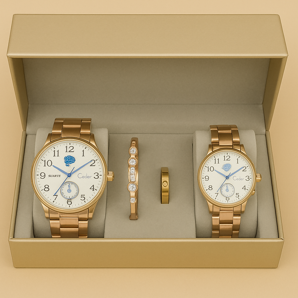 Luxury Gold Couple Wrist Watch Gift Set with Matching Bracelet and Ring – Elegant His & Her Analog Watch Combo for Anniversary, Wedding, or Special Occasions