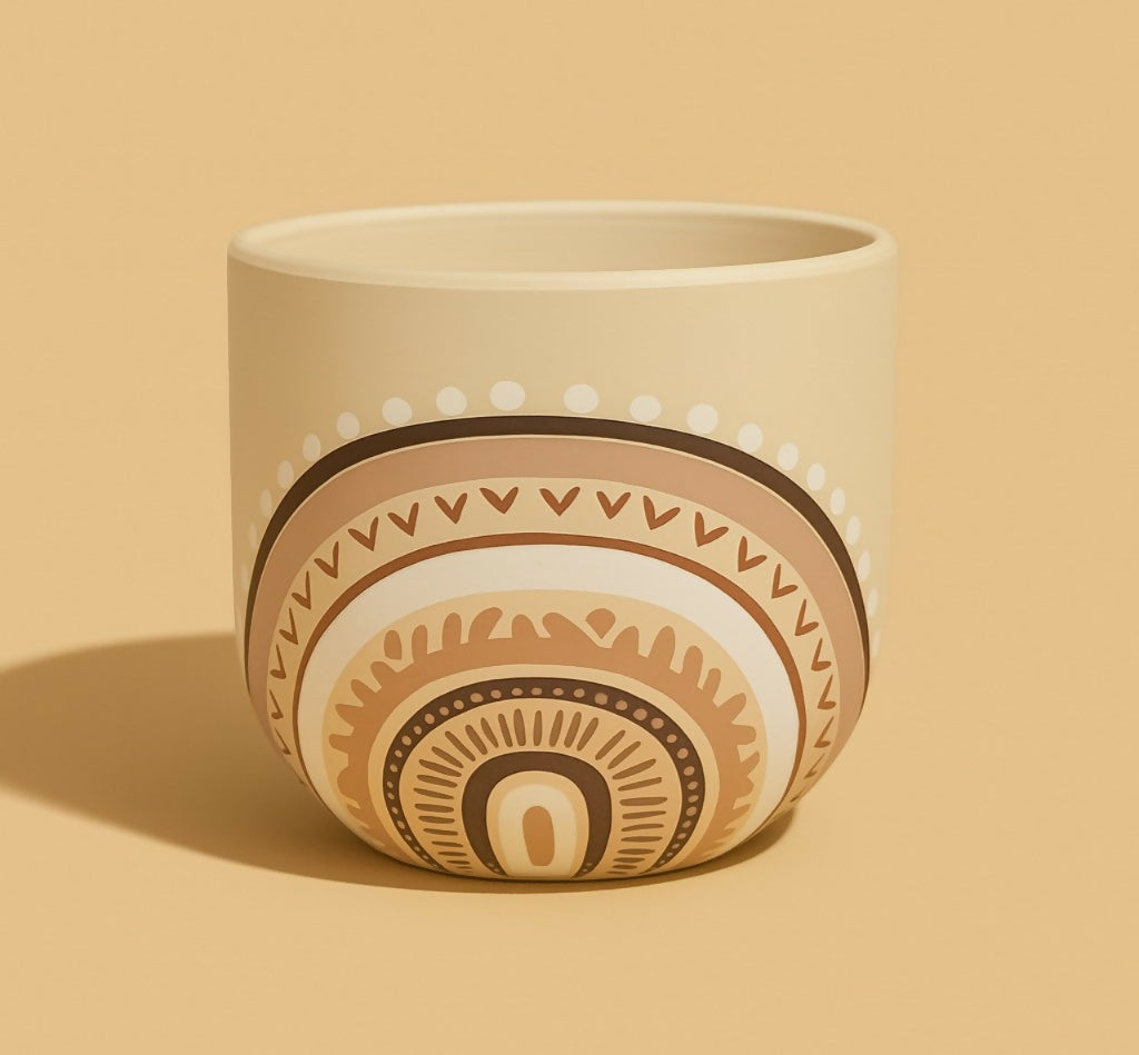 Boho Mandala Ceramic Planter Pot with Multicolor Tribal Print – Decorative Indoor Plant Pot for Succulents, Herbs, or Tabletop Decor – Round Pot with Cream Finish