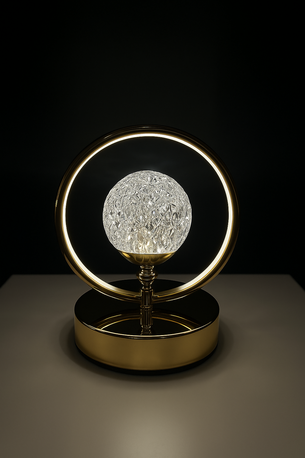 Modern Golden Ring Crystal Globe LED Table Lamp – Elegant Warm White Decorative Night Light for Living Room, Bedroom, Office, or Gifting – Luxury Metal Ambient Light with Contemporary Design