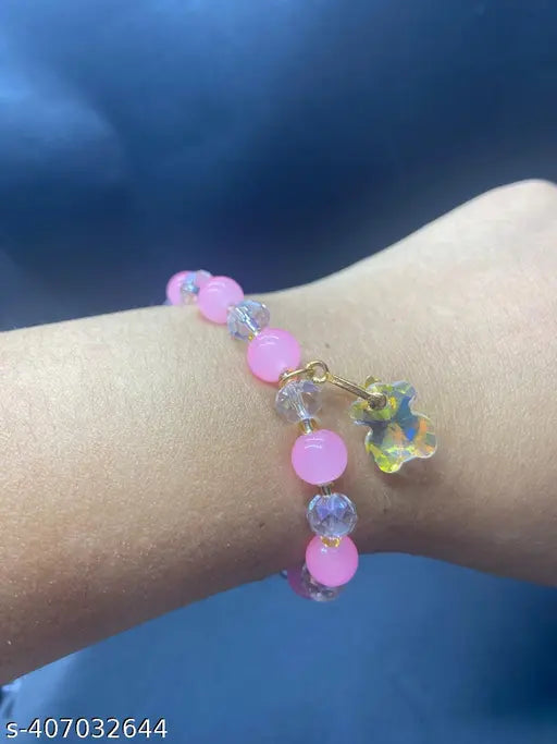 Women's Pink Crystal Healing Beads Bracelet With Hangings