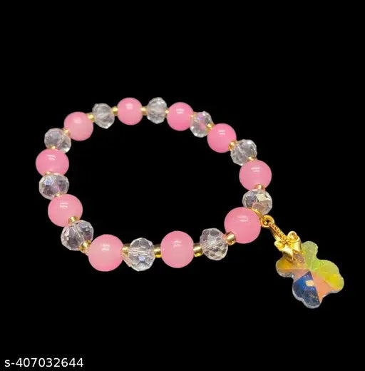 Women's Pink Crystal Healing Beads Bracelet With Hangings