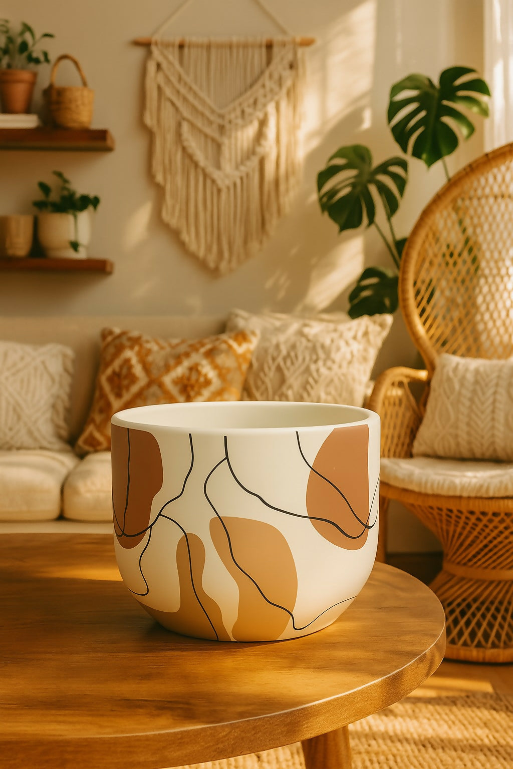 Modern Abstract Ceramic Planter Pot with Earth-Tone Artistic Design – Decorative Indoor Plant Pot for Home, Office, or Living Room – 6-Inch Minimalist Matte Finish Pot