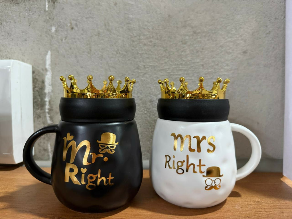 Mr. Right & Mrs. Right Couple Ceramic Mug Set with Golden Crown Lids – Black & White Coffee Cups with Funny Prints – Perfect Gift for Husband Wife, Wedding, Anniversary, Engagement, Valentine’s Day & Birthday (2 Pieces)