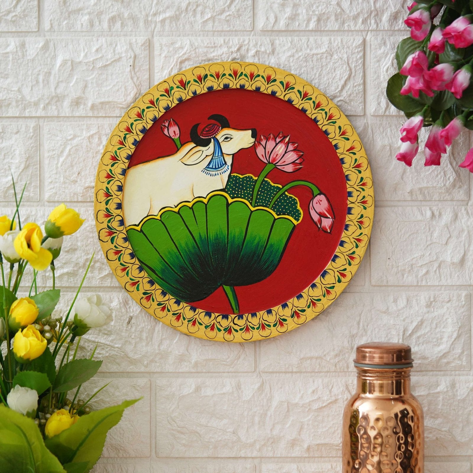Hand-Painted Pichwai with Cow and Lotus Flower