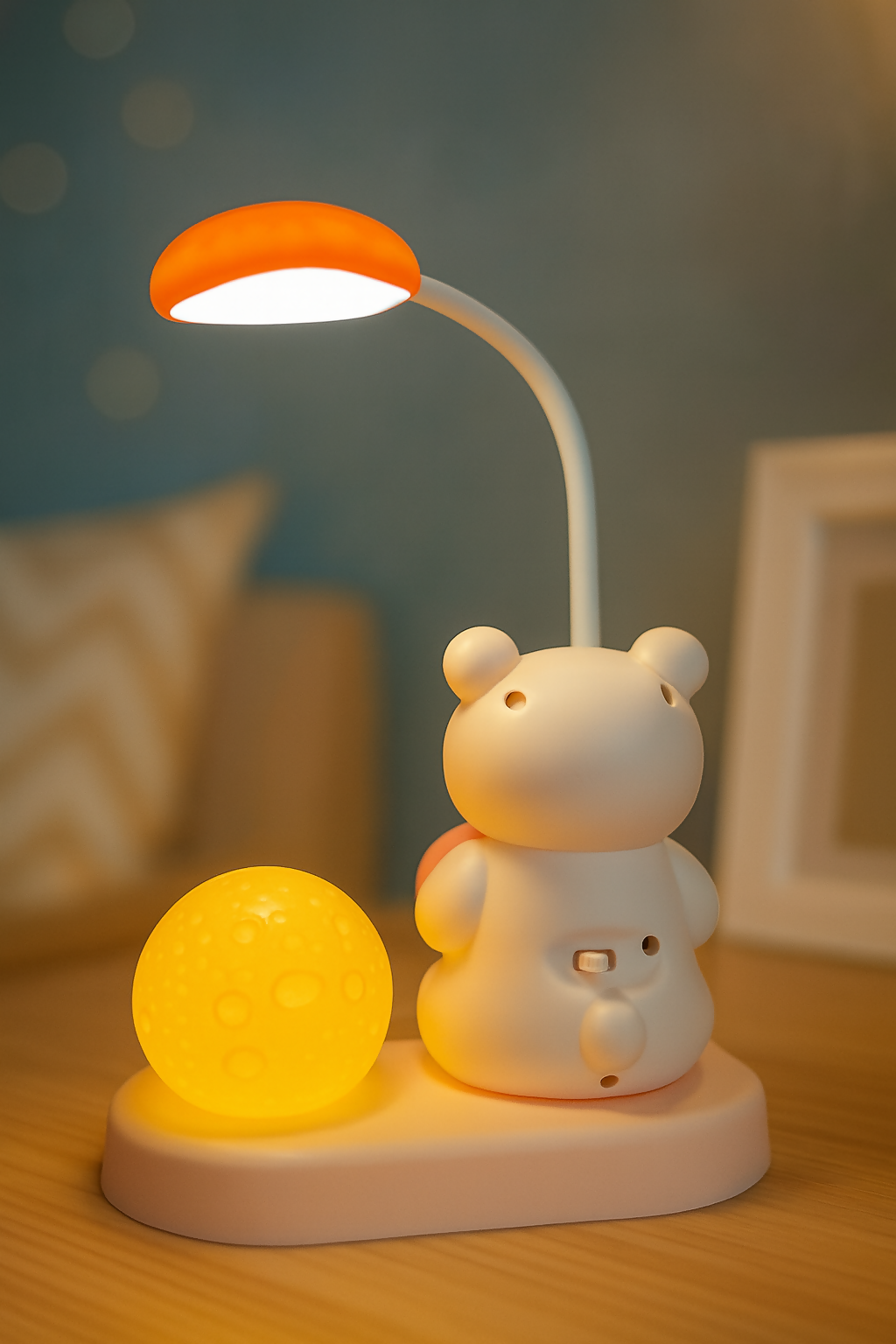 Adorable Bear Night Lamp with Heart & Moon Light – USB Rechargeable LED Desk Lamp for Kids, 3+ Ages, Flexible 360° Hose, Dual Lighting Modes (Night Light & Floodlight), Colorful Ambient Lighting