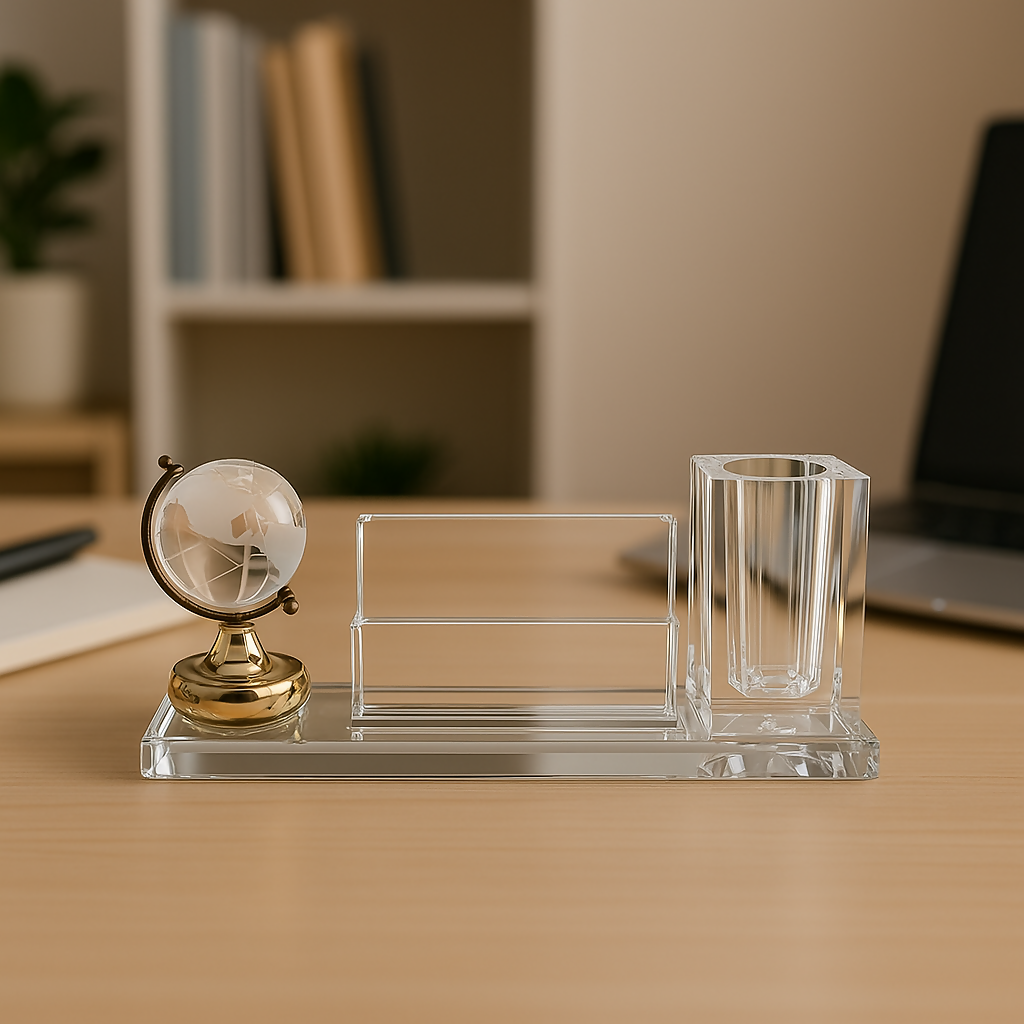 Premium Glass Desktop Organizer Set with Crystal Globe, Card Holder & Pen Stand – Elegant Office Table Décor & Gift Item