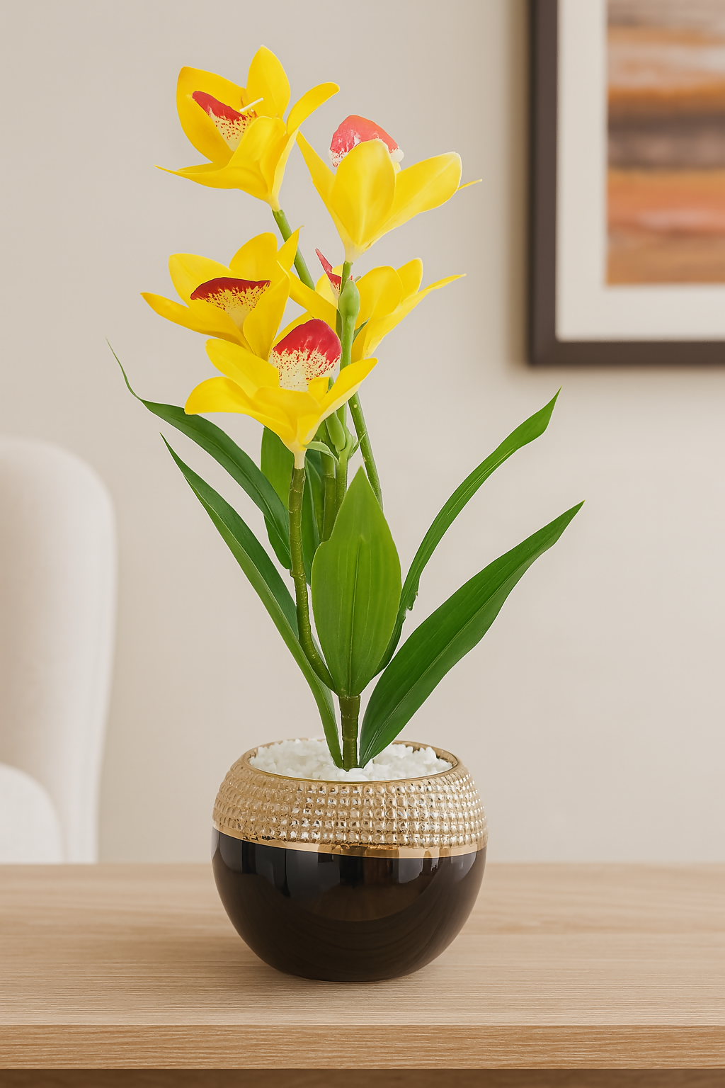 Premium Artificial Yellow Orchid Lily Flower Plant in Glossy Round Pot with Golden Textured Rim – Faux Floral Arrangement with Pebbles for Home, Office & Gifting