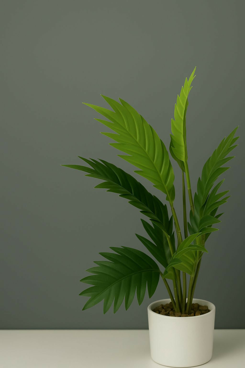 HOME DECOR Artificial Palm Leaf Plant in White Pot – Realistic Green Leafy Faux Plant for Indoor Home, Office, and Tabletop Decor – Modern Decorative Plant for Stylish and Maintenance-Free Interiors