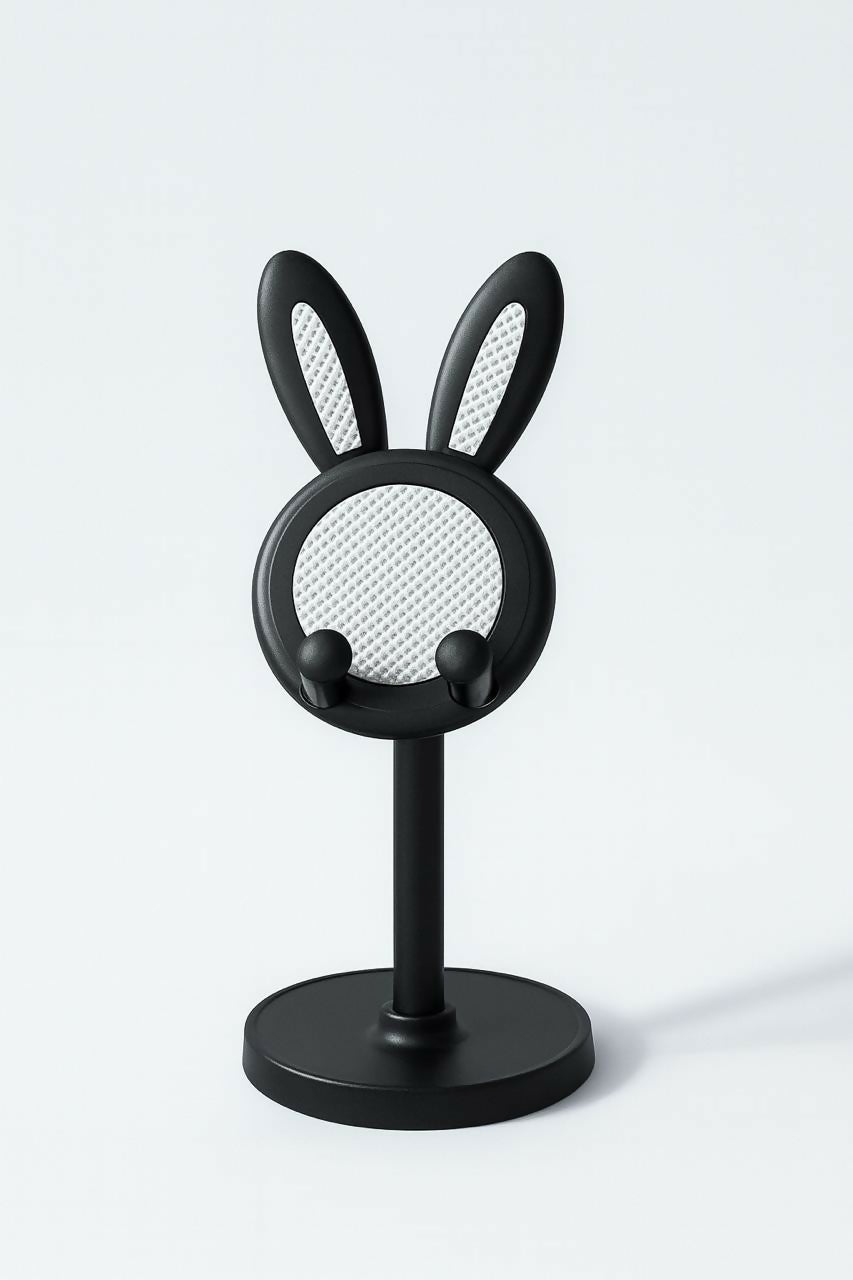 Cute Bunny Ear Mobile Phone Stand – Adjustable Desk Holder for Smartphones and Tablets – Black Minimalist Design for Office, Home, and Kids’ Study Table