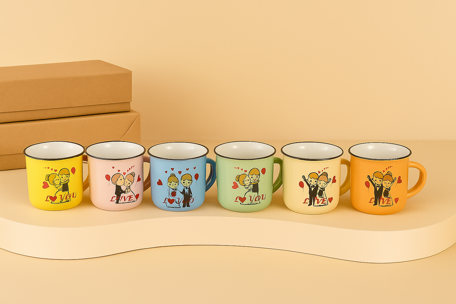 Set of 6 Colorful Romantic Couple Ceramic Coffee Mugs – Cute Printed Love-Themed Tea Cups with Cartoon Boy & Girl Designs – Ideal for Gifting on Valentine’s Day, Anniversary, or for Couples, Friends & Family