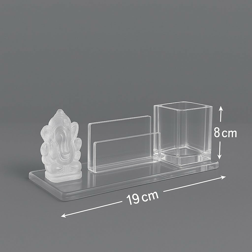 Elegant Glass Desktop Organizer Set with Ganesh Idol | 3-in-1 Office Table Decor with Pen Holder, Card Holder & Religious Showpiece – Ideal for Corporate Gifting & Home Decor