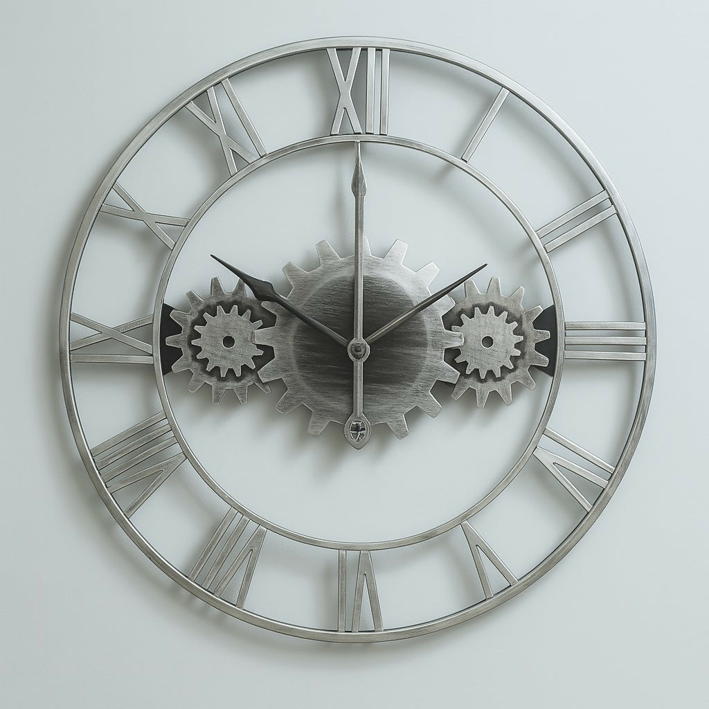 HOME DECOR Vintage Industrial Gear Wall Clock with Roman Numerals – Large Open Face Metal Clock for Living Room, Office, Hallway, and Cafe Decor – Antique Silver Finish with Silent Quartz Movement