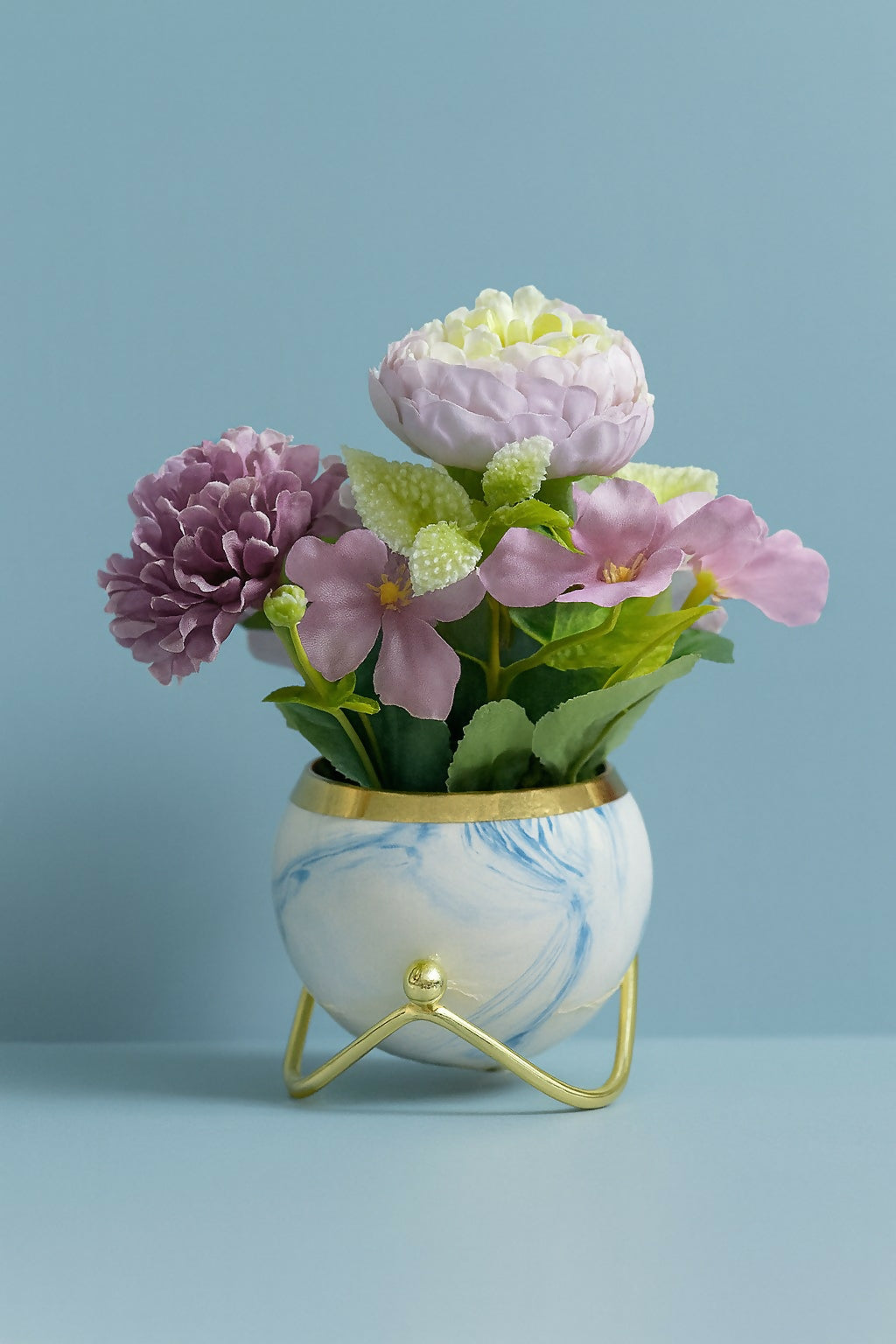 Luxury Artificial Mixed Flower Arrangement in Blue Marble Finish Ceramic Pot with Gold Rim – Elegant Home Décor Table Centerpiece with Metal Stand for Living Room, Office, and Gifting