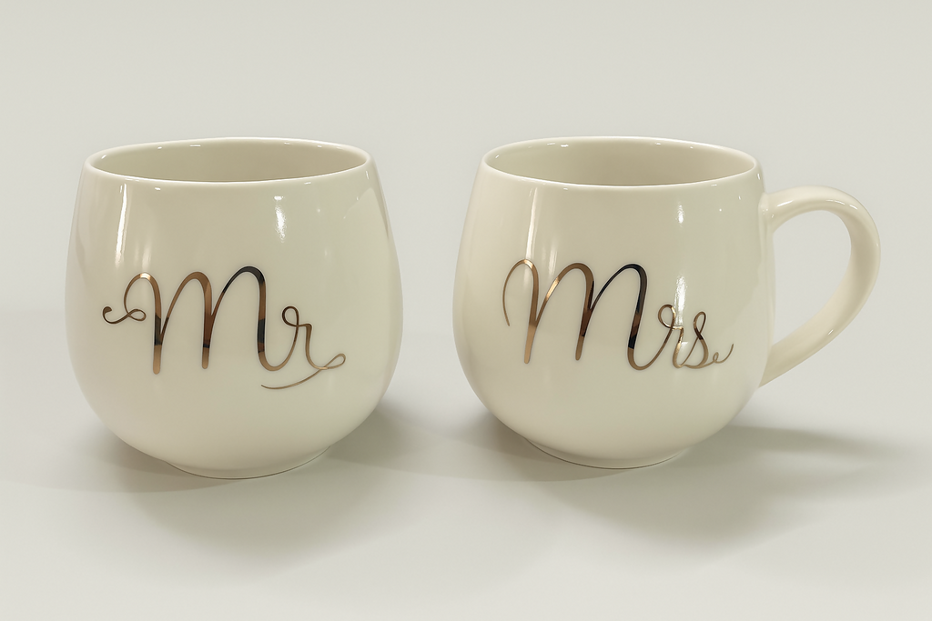 Mr and Mrs Ceramic Mug Set – Elegant White Round Couple Cups with Gold Script – Romantic Coffee/Tea Mug Gift for Wedding, Anniversary, Engagement, Valentine’s Day – 2-Piece His and Hers Set, 350ml Each