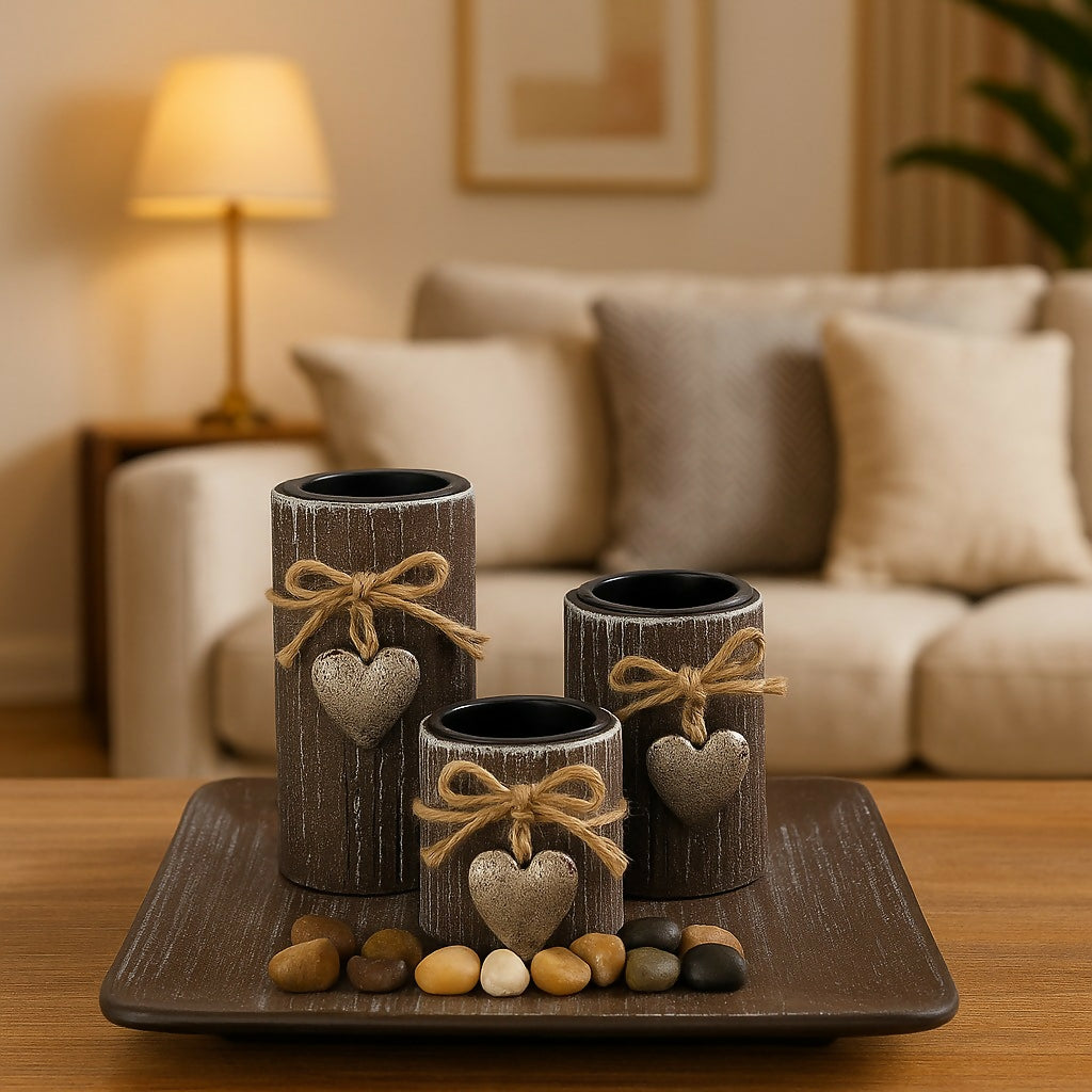 Rustic Brown Heart-Decor Pillar Candle Set with Tray and Pebbles – Handcrafted Scented Candles for Home Decor, Romantic Ambience, and Gift Gifting