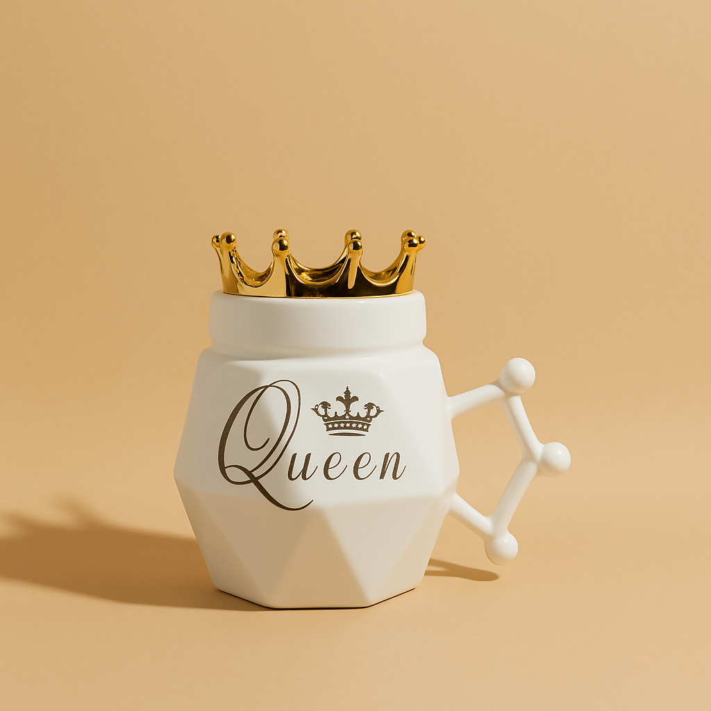 Luxury Queen Ceramic Mug with 3D Gold Crown Lid and Unique Handle – White Geometric Diamond-Style Coffee Mug – Gift for Women, Wife, Mom, or Girlfriend – Royal Tea Cup