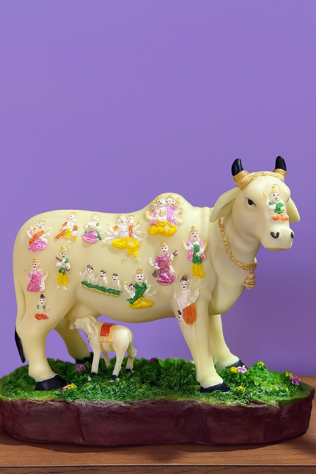 HOME DECOR Kamdhenu Cow and Calf Idol with Colorful Deities – Divine Resin Sculpture for Pooja Room, Mandir, and Home Temple Decor – Sacred Gau Mata Statue for Spiritual Gifting and Vastu Blessings
