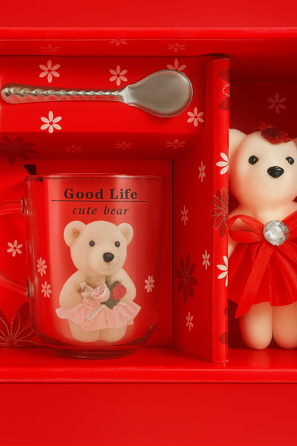 "Good Life Cute Bear Gift Set with Glass Mug, Spoon & Plush Teddy in Red Theme – Romantic Gift for Girlfriend, Birthday, Anniversary, Valentine's Day – Elegant Box Packaging"