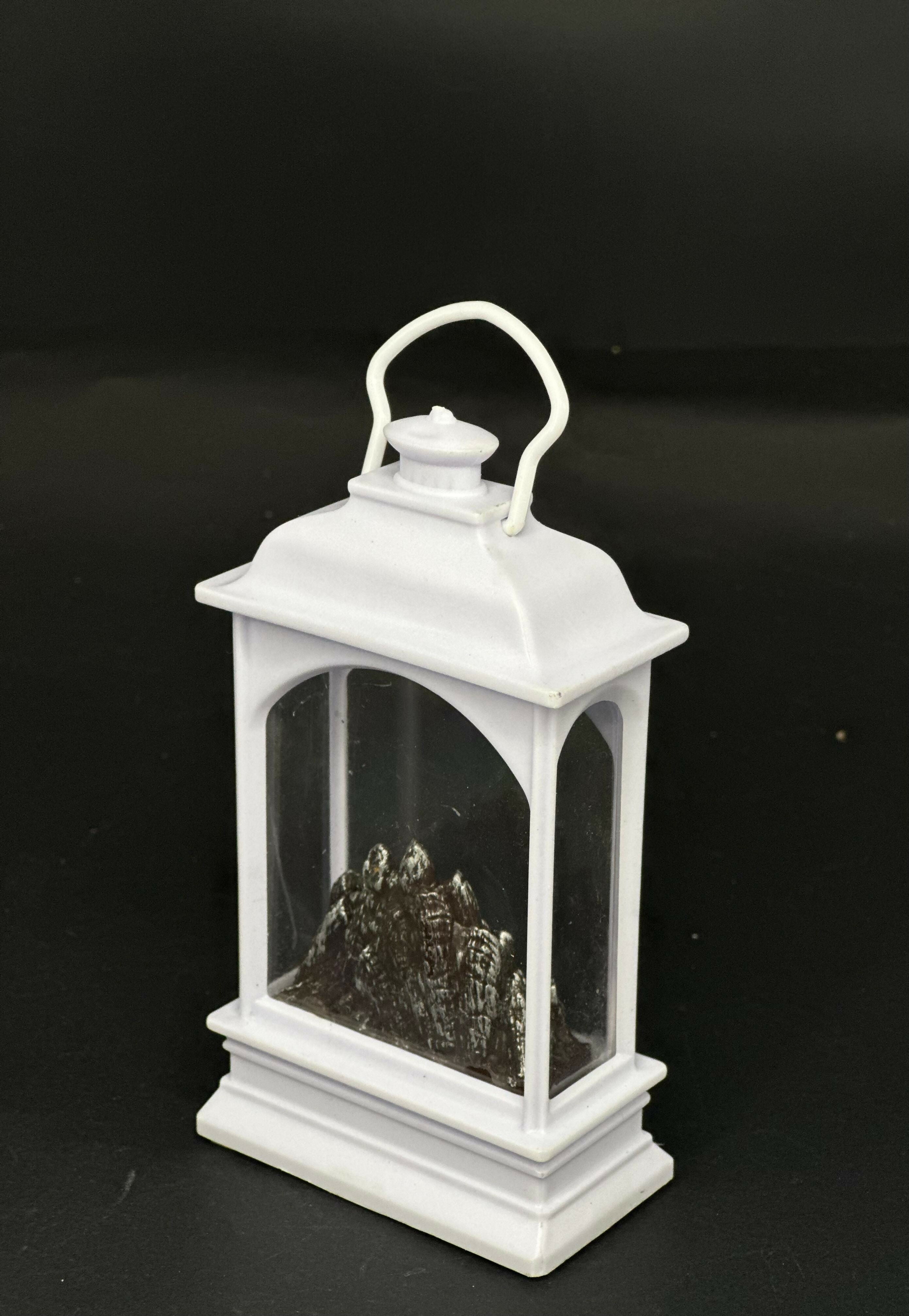 Mini Decorative LED Fireplace Lantern with Glowing Ember Effect – White Vintage Style Portable Tabletop Lamp for Home Décor, Festive Ambience, and Cozy Room Accents – Battery Operated Flameless Fire Simulation Light