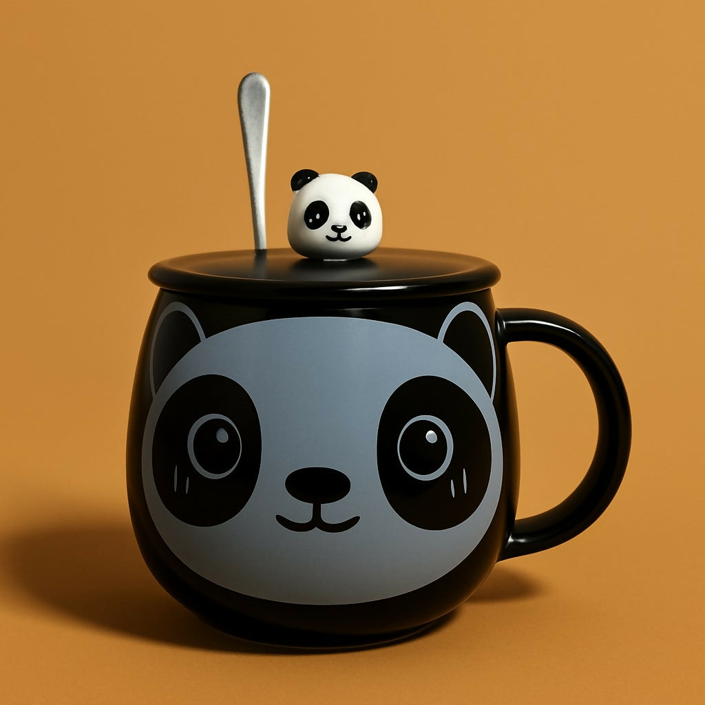 Black Panda Ceramic Mug with Lid & Spoon | Cute Cartoon Panda Coffee & Tea Cup | Large Capacity Milk Mug with Crown Panda Print | Gift Mug for Kids, Women & Panda Lovers