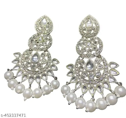 Silver Plated Long Diamond and Pearl Earrings