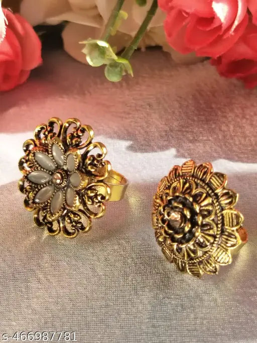 Combo of 2 Weddingwear Gold Plated Traditional FingerRings With Different Colour Stones
