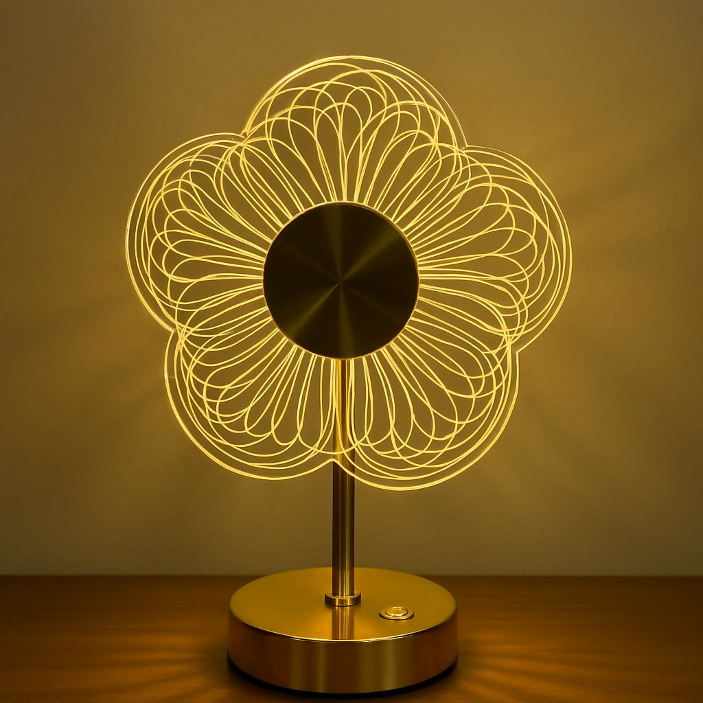 HOME DECOR Modern LED Flower Table Lamp in Golden Finish – Acrylic Optical Illusion Night Light with Touch Button Base – Aesthetic Bedroom, Living Room, or Desk Décor