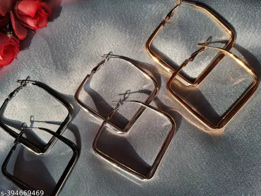 Square Shape Metallic Hoops Earrings Combo Set for Women and Girls (Set of 3)
