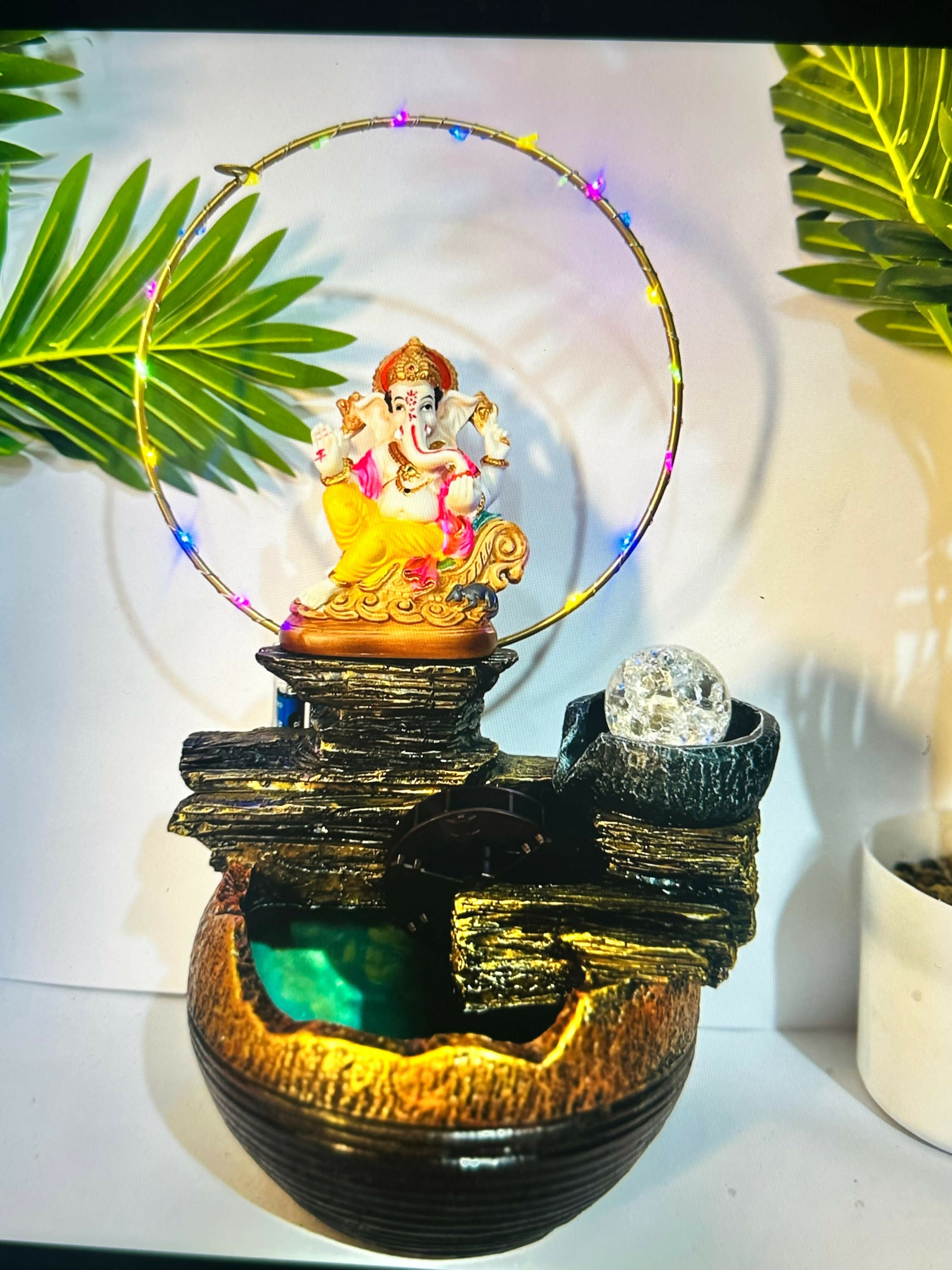 Ganesh Ji Indoor Water Fountain with LED Ring Light & Rotating Crystal Ball – Decorative Tabletop Fountain for Home Office Temple Vastu Gift – Electric Feng Shui Waterfall Showpiece (Multicolor
