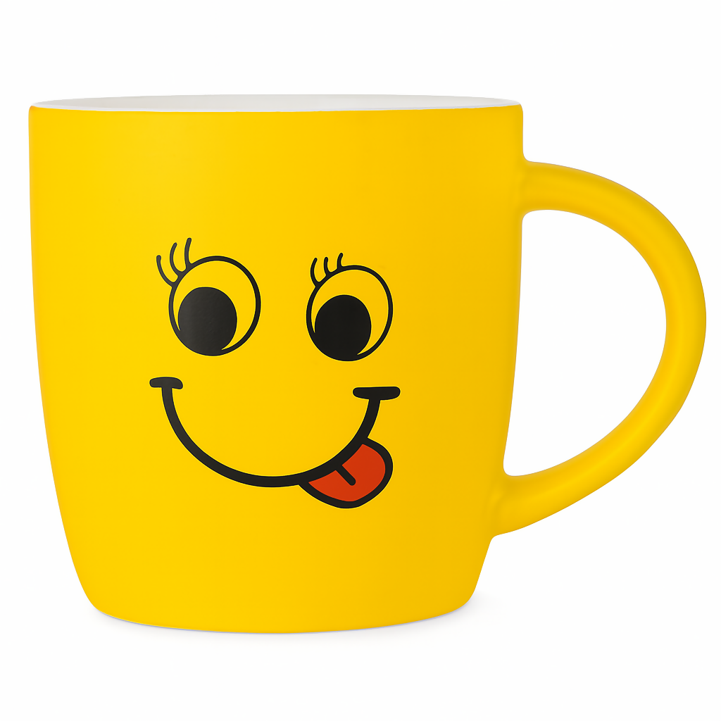 Cute Yellow Smiley Face Ceramic Coffee Mug with Tongue Out Design